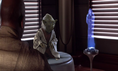 Obi-Wan (Hologramm) spricht via Code 5 mit Mace Windu und Yoda