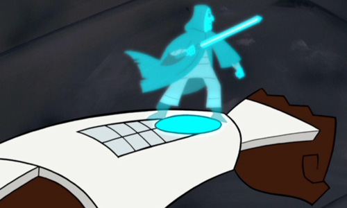 Meister Barrek als Hologramm auf Obi-Wan Kenobis Arm