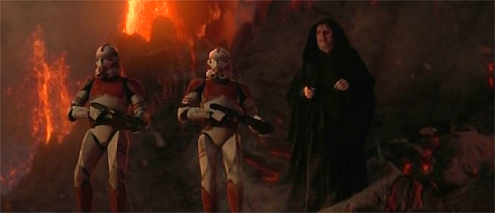 Imperator Palpatine (rechts) und zwei Shocktrooper auf Mustafar
