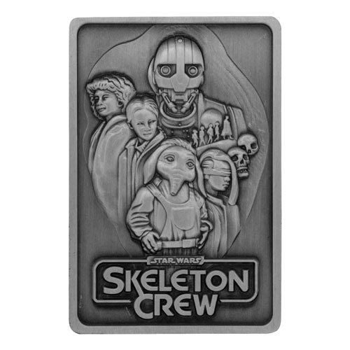 Ein geprgter Metallbarren mit den Hauptcharakteren von <em>Star Wars: Skeleton Crew</em>